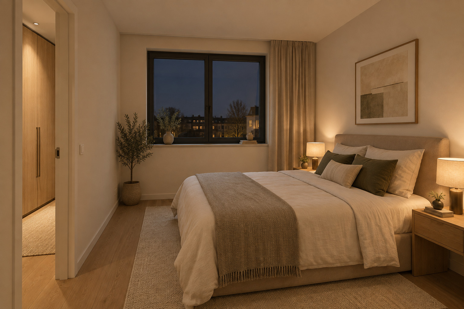 Rendu 3D d’une chambre aux teintes naturelles et à l’éclairage doux