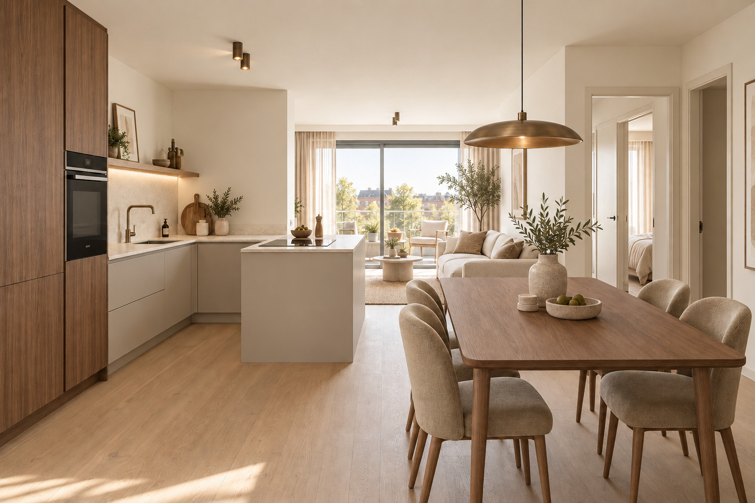 Rendu 3D d’une cuisine ouverte aux tons greige et noyer avec table à manger