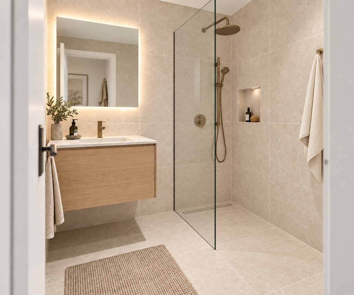 Rendu 3D d’une salle d’eau avec douche et meuble en bois clair