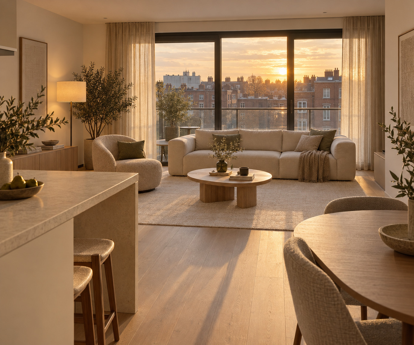 Rendu 3D du séjour de l’appartement de 110 m² au troisième étage, baigné de lumière dorée